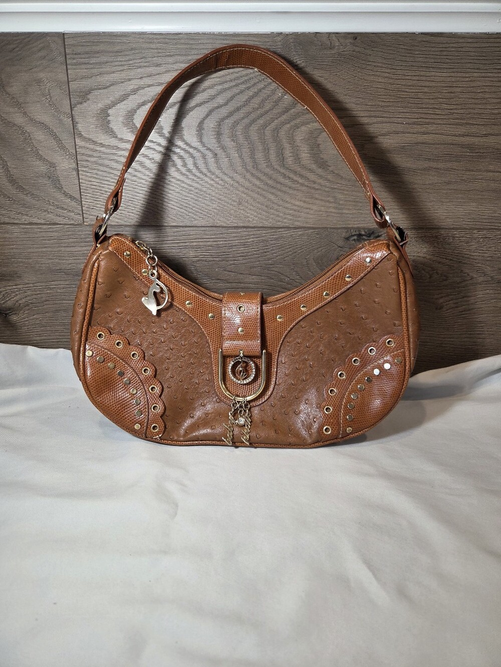 Baby Phat Y2K Studded Faux Ostrich Purse Brown